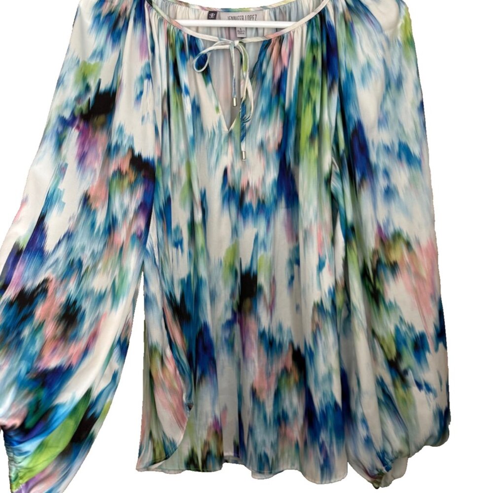 Jennifer Lopez Abstract Print Boho Top Size L Tie-Front Balloon Sleeve Romantic